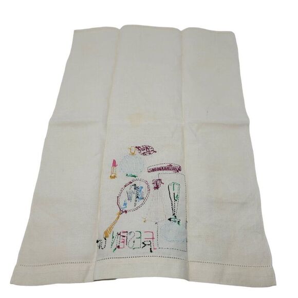 Vtg 60s Embroidered Linen Hand Towel Set Kitschy Vanity Bathroom Prop Display - Picture 4 of 9